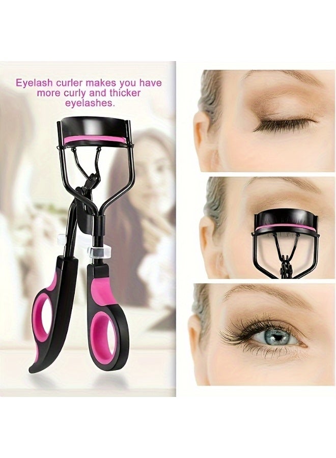 KHAJUL 11 in 1 Eyelash Curler Kit, Stainless Steel Professional Eyelash Curler with 10 Silicone Refill Pads, Black and Hot Pink Dual-Color Design for Pain-Free Curls, Complete Travel Makeup Tools Set for Women - Image 3